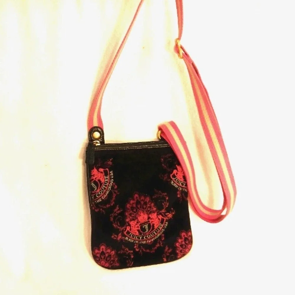 Juicy Couture Crossbody BLACK VELVET Shoulder Bag Purse Adjustable EMBROIDERED